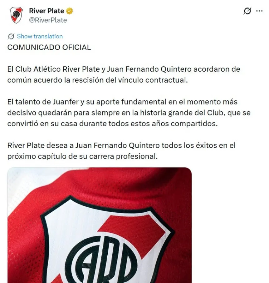 Juanfer Quintero se va River: rescisión de contrato y comunicado del club
