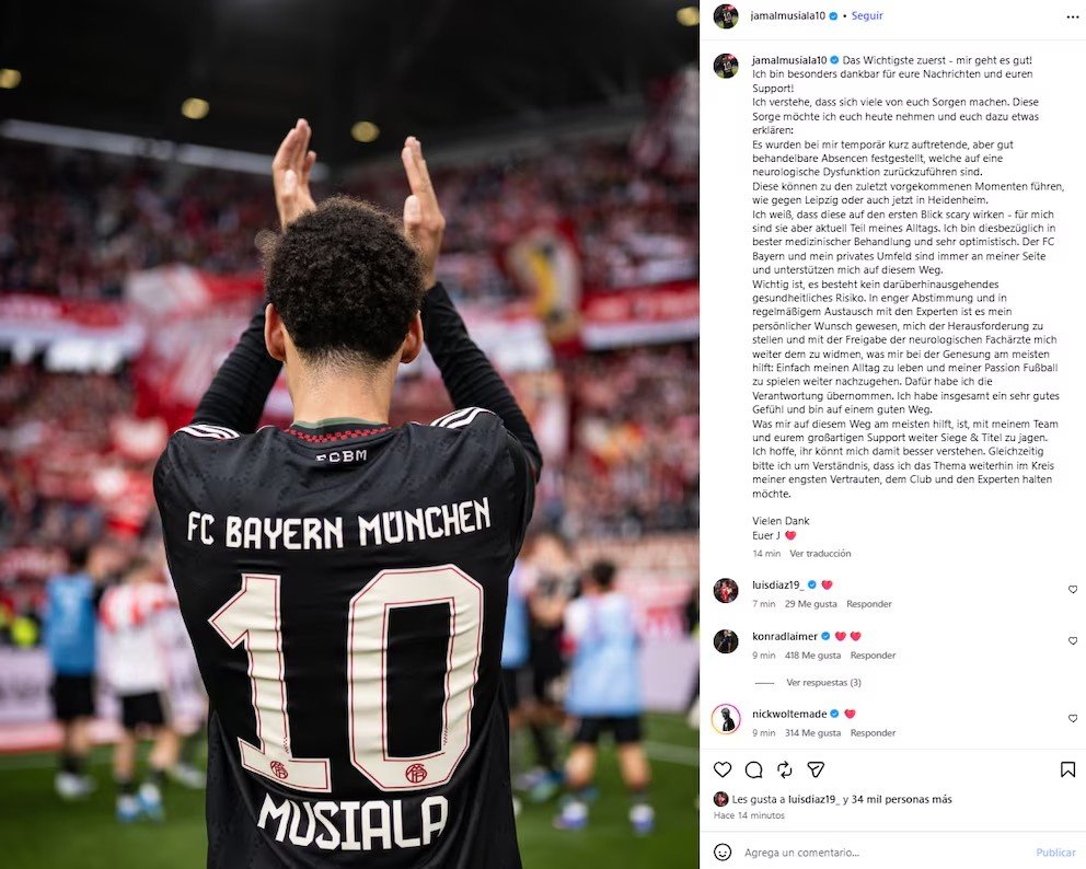 Jamal Musiala habló por primera vez tras desmayarse en dos partidos seguidos y explicó su cuadro de salud: “Se debe a una disfunción neurológica”
