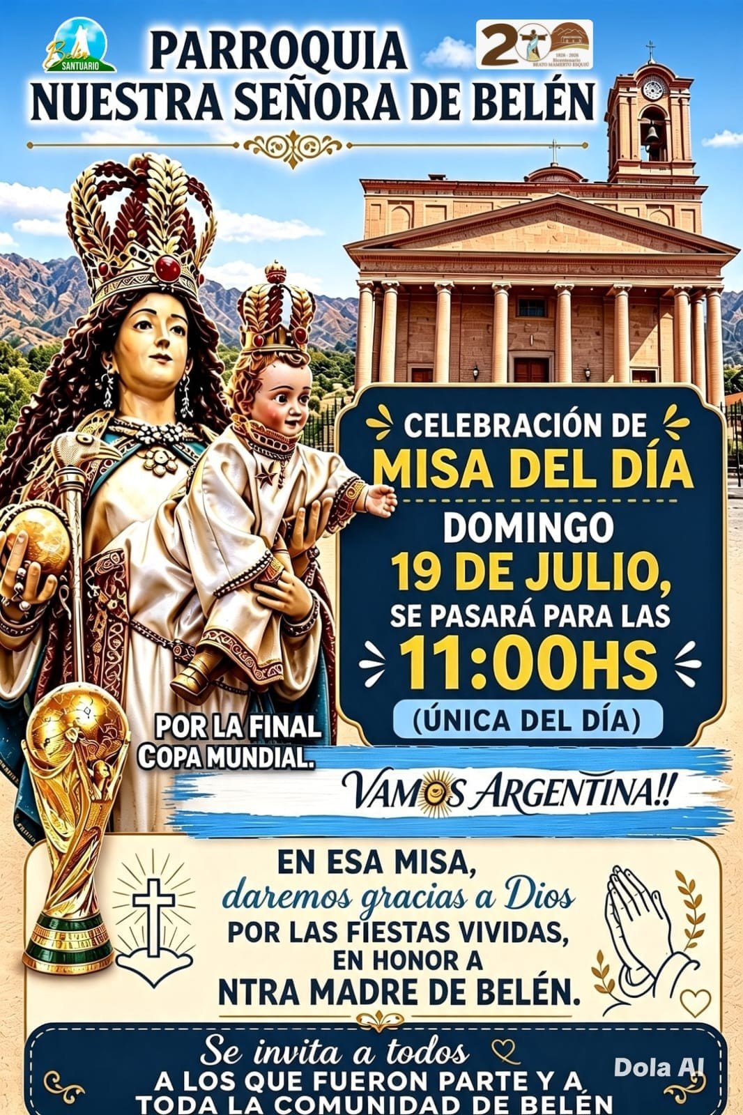 Cambio de horario en la Parroquia de Belén: habrá una única misa el domingo por la final del Mundial